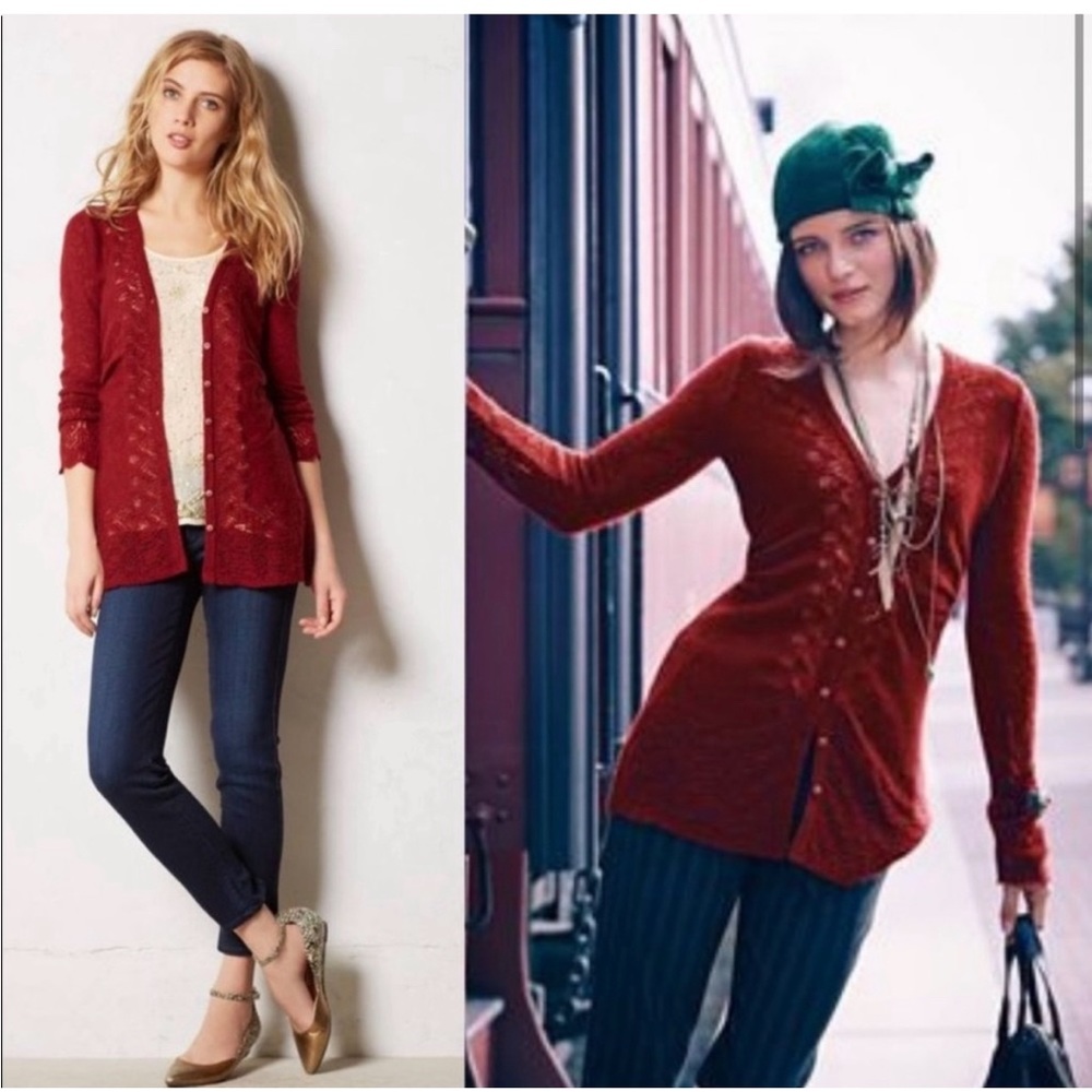 Rosie Niera for Anthropologie ox blood red cardigan